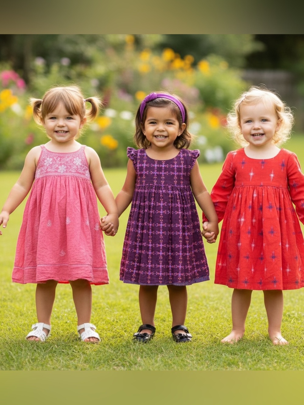 • FabIndia • Set of 3 Girls' Purple Printed Flutter-Sleeve Dress 3-4